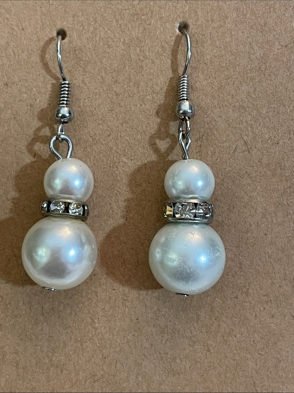Elegant White Pearl Drop Earrings with Rhinestone Accent 1.5”